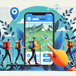 Una ilustración moderna y profesional que representa un grupo de personas realizando senderismo en un entorno natural, acompañadas de una aplicación